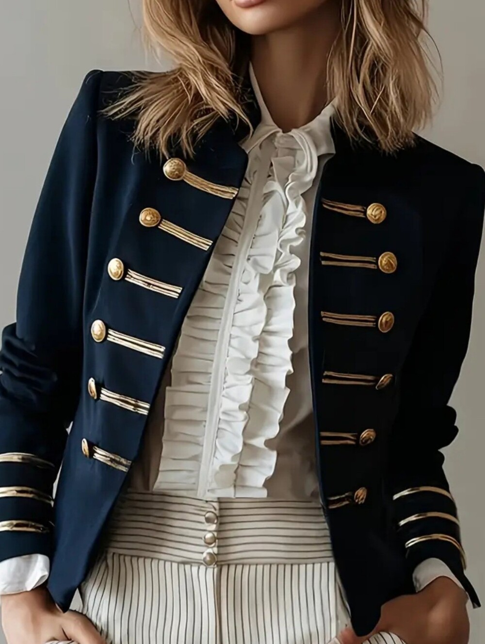 Navy Military-Inspired Womens Blazer Jacket with Gold Trim